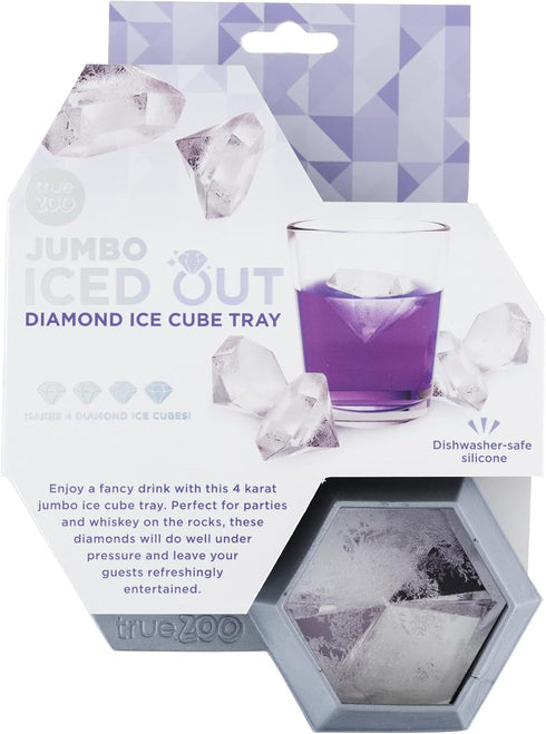 True Zoo Jumbo Iced Out Diamond Ice Tray, Silicone Mold and Ice Cube Tray for Cocktails, Makes 4 Ice Cubes, Grey