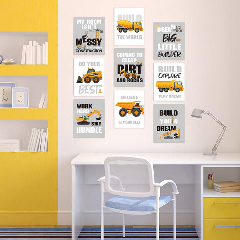 Outus Set 9 8 10 Inch of Construction Room Decor Trucks Inspirational Quote Art Print Transport Vehicle Motivational