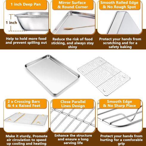 P&P CHEF Set of 2 Baking Sheets with Racks, Stainless Steel Cookie Sheet & Cooling Rack, 2 Sizes (16” + 12.5”)