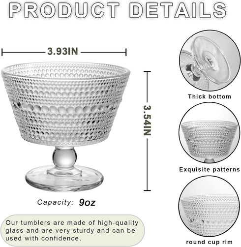 Glass Dessert Bowls Breakfast Cups,Dessert cups Set of 4, 9oz Glass Ice Cream Sundae Cups,Glass Dessert Bowls, For oats,Ice Cream, Milk, Sorbet, Yogurt (4PCS) by DNIENKGE