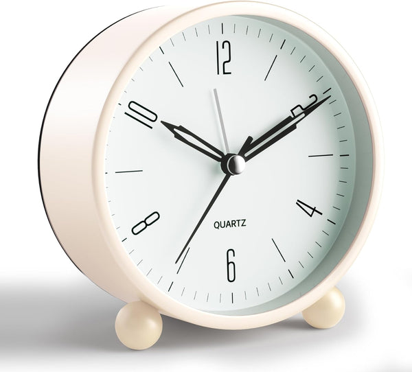 Analog Alarm Clock, 4 inch Super Silent Non-Ticking Clock with Night Light, Battery Operated, Cream Decor for Bedroom