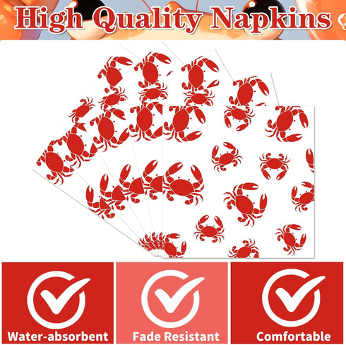 50 Summer 6.5 6.5 Inches Crab Boil Party Supplies - Pcs Crab Theme Seafood Boil Napkins Disposable, Red Crabs Party