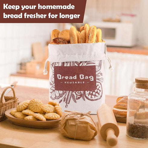 Seaury Kareen 2 Pack 1713Homemade Bread Bags, Bread Bags Reusable Linen with Plastic Lining, Large Loaf Storage Bags