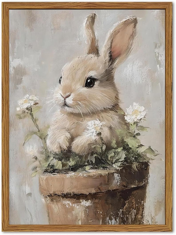 WGTUWY Framed Vintage Easter Bunny Wall Art, Cute Cottagecore Rabbit Floral Pictures Wall