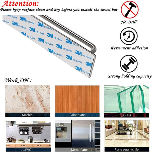Sumnacon 13.38 Inch Towel Bar Rack with Hook, 3M Self Adhesive Stainless Steel Holder for Bathroom Kitchen Bedroom