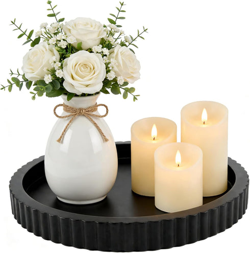 KAYUMONA Modern Decorative Tray for Coffee Table, 11" Wooden Black Round Small Decor
