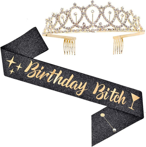 'Birthday Bitch' Sash, Crown Tiara & Party Supplies Kit, Black Glitter Sash for Women's Birthday Gifts