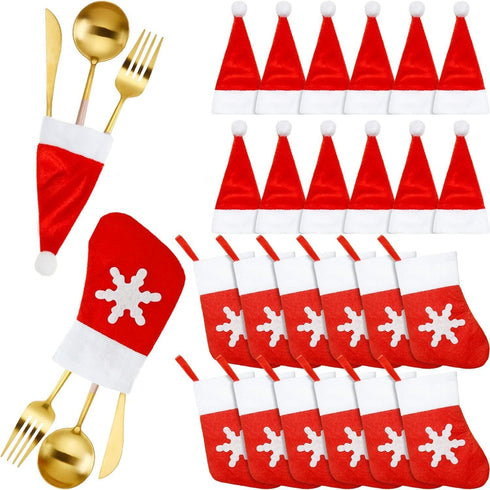 40 Pcs Christmas Silverware Holders, 20 Santa Hats and 20 Christmas Socks Flatware Organizers for Dinner Table