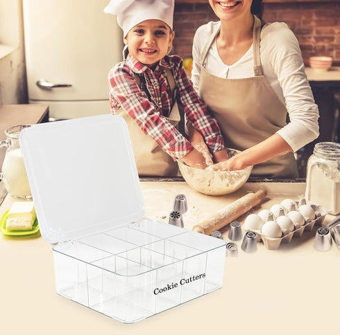 Cookie Cutters Organizer for Baking, Biscuit Cutters Storage Box with 8 Adjustable Compartments and Dustproof Lid