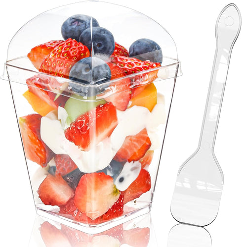 50 Pack 5oz YunKo Square Clear Plastic Dessert Cups with Lids and Spoons,Mini Parfait Cups for Yogurt, Jello