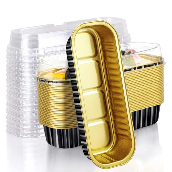 EUSOAR 25pcs 6.8oz Creme Brulee Ramekins, Aluminum Foil Black Gold Baking Cups with Lids for Desserts
