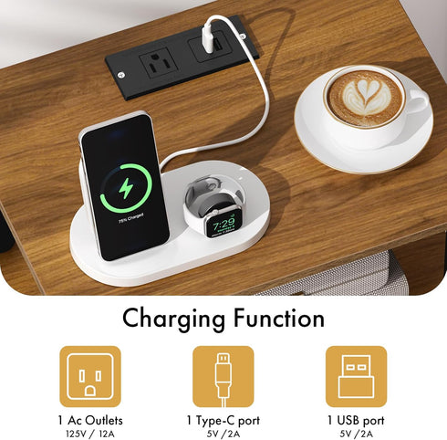 3-Tier 2-Min Bedroom Nightstand with Charging Station, Bedside Table with Adjustable Fabric Drawer, Night Table