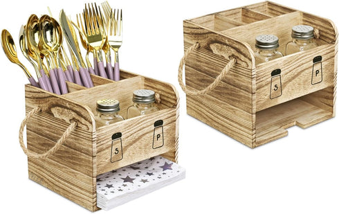 Ikee Design 2 Piece Wooden Utensil Caddy Set - Includes Free Salt Pepper Shaker, Oak Color Silverware Holder for Kitchen
