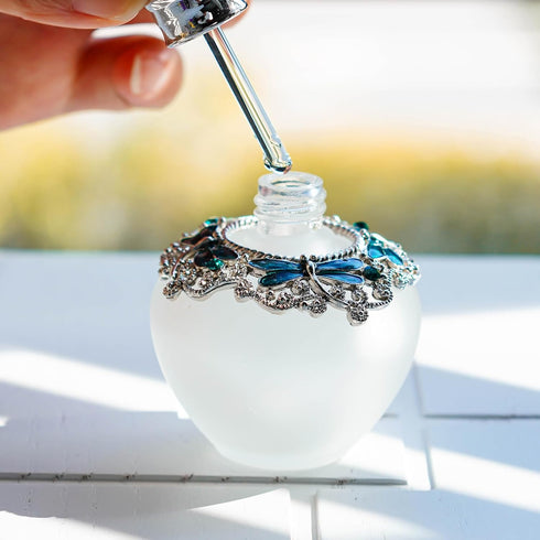 YU FENG 40ml Fancy Empty Crystal Perfume Bottle, Green Dragonfly Stopper, Refillable Glass Container
