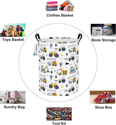 ONOEV Round Construction Truck Collapsible Laundry Hamper for Nursery,Cute Forest Vehicles Excavator Toy Storage Bin