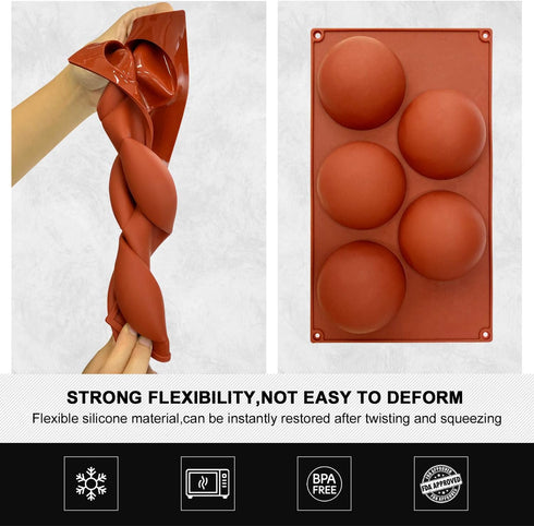 Extra Large 5-Cavity Semi Sphere Silicone Mold, 2 Packs for Chocolate, Cake, Jelly, Dome Mousse Baking