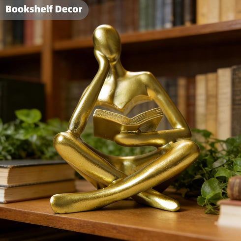 4.5 Inch Gold Reading Woman Statue, Thinker Sculpture for Bookshelf Decor, Modern Gold Home Accents, Coffee Table