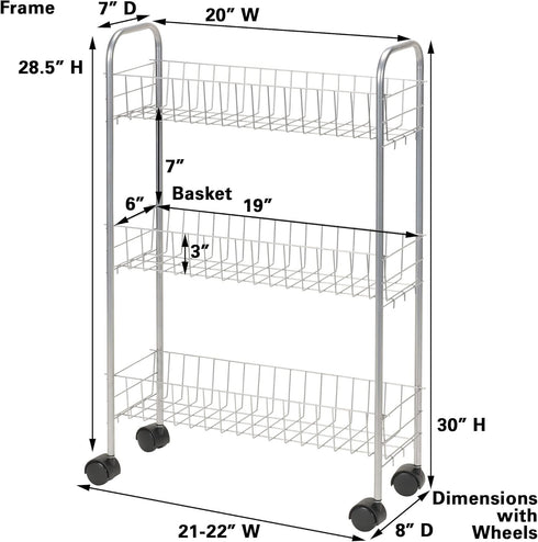 3 Household Essentials Slim Storage Cart, Shelf Storage Cart with Wheels, Perfect for Laundry Rooms, Bathrooms