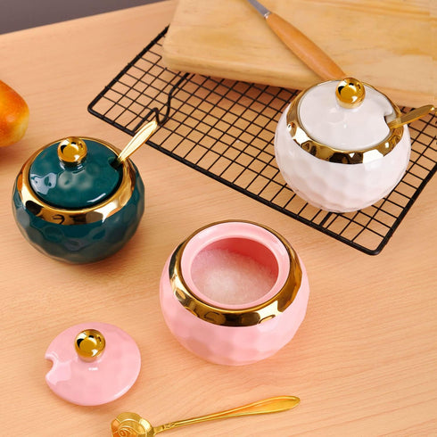WHJY Ceramic Sugar Bowl with Lid and Spoon, Golf Design Porcelain Salt Container, Modern Spice Box for Kitchen - White