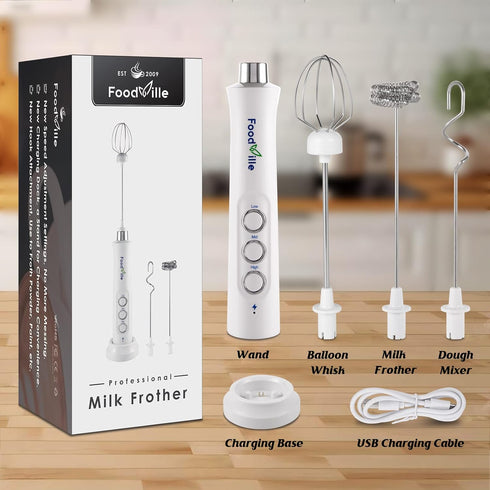 MF09 3 in 1 Rechargeable Milk Frother - Handheld Foam Maker with Charging Stand & 3 Stainless Steel Whisks