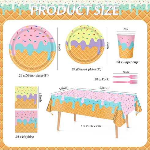 Bzhouyy 121pcs Summer 24 Ice Cream Party Supplies Kit, Includes Ice Cream Themed Plates Cups Napkins Cutlery Touchdown