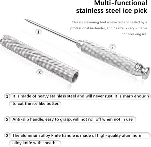 Ice Picks with Aluminium Alloy Handle, Stainless Steel Knife with Safety Cover, Kitchen Tool for Home & Bar