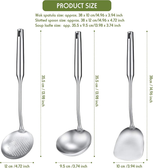 Patelai 3 Pcs 15in Wok Spatula and Ladle, 304 Stainless Steel Wok Utensils All Metal, Utensils Skimmer Ladle Tool Set for Carbon Steel Cooking Baking