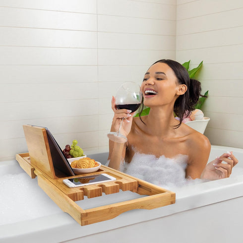 Utoplike Bamboo Bathtub Caddy Tray, Adjustable Bathroom Organizer with Book Tablet Wine Glass Cup Holder (24.5"-37.4")