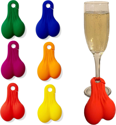 Wine Nutz, 6pcs Silicone Wine Glass Charms/Markers for Cocktails, Martinis, Rainbow Funny Gift