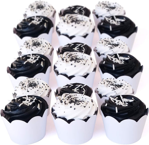 Black and White Striped Cupcake Wrappers - 50 Count, Reversible Scalloped Design for Parties and Events