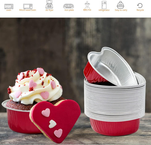 50Pcs Mini Heart Shaped Cake Pans with Lids, 100 ml Disposable Cupcake Cup, Mini Aluminum Foil Baking Cups, Red