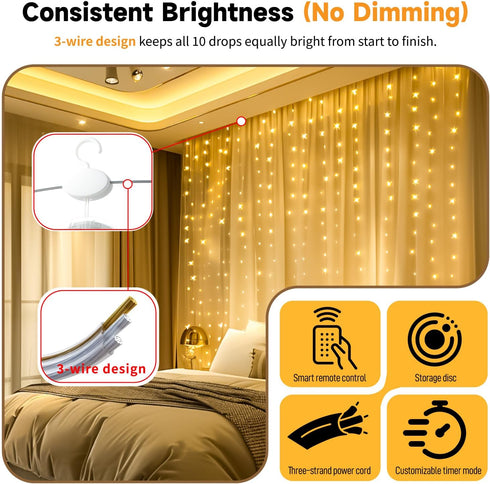 300LED 9.8x9.8Ft 8 HXWEIYE Untangled Curtain Lights, USB Fairy Twinkle String Lights with Remote and DIY Timer, Modes