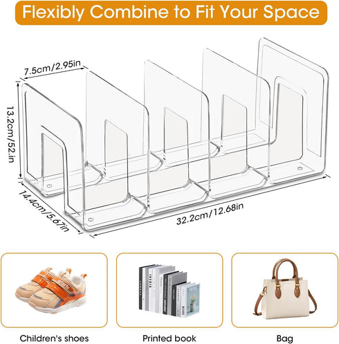 Adando Closet (4 Pack) Kids Shoe Organizer Stackable: Clear Acrylic Baby Shoe Rack with Dividers - Storage for Toddlers