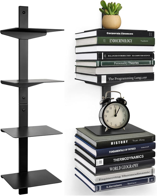 Invisible Floating Bookshelf for Wall Mounted - 4 Tier Vertical Spine Book Tower, Heavy-Duty Metal Organizers, 2 Pack