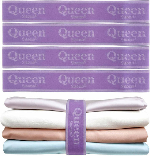Bed Sheet Organizer Bands: Elastic Storage Size Marking Straps for Organizing Linen Closet (Queen 4PCs | Purple)