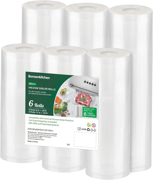 Bonsenkitchen Vacuum Sealer Bags - 6 Pack, 3 Rolls 11" x 20' + 3 Rolls 8" x 20' BPA Free Food Storage Bags