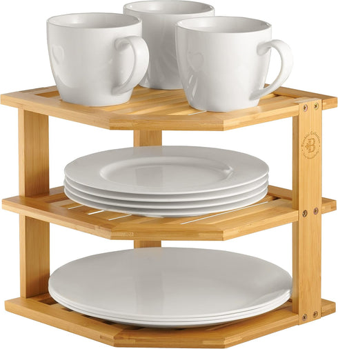 3 Countertop 10 10 9.5 Inch, Counter, Plate Organizer for Cabinet - Tier Bamboo Corner Shelf Cabinet Organizer