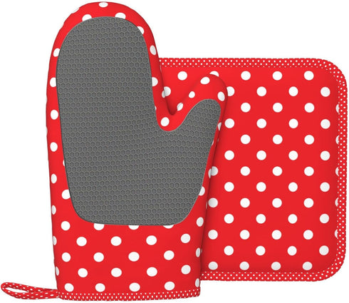 Polka Dot Oven Mitts and Pot Holders Set, Red and White, Heat Resistant Kitchen Gloves