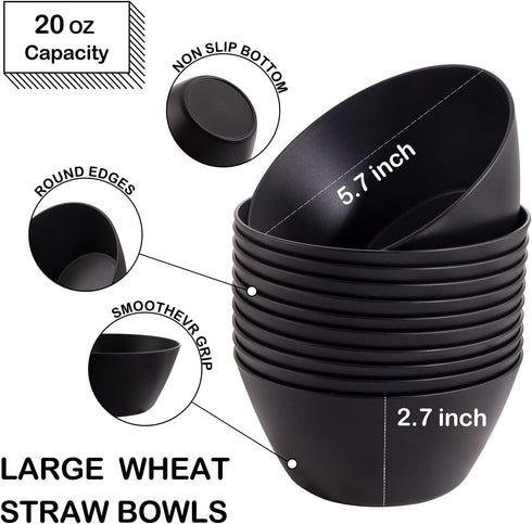 supernal 12pcs Cereal Bowls,Unbreakable Black Wheat Straw Bows, Microwave & Dishwasher Safe, Reusable Soup Bowls,Bowls for Kitchen,Soup Bowls for Ramen,Rice,Soup,Salad,Lightweight Bowl by supernal