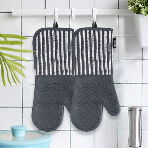 Silicone Oven Mitts Heat Resistant 932?, Set of 2 Extra Long Kitchen Mittens for Baking and Cooking