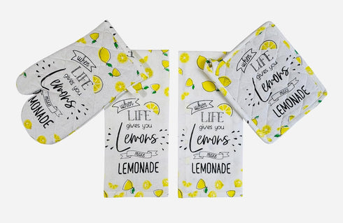 Lemon Kitchen Towels and Pot Holders Set: Colorful Printed "When Life Gives You Lemons, Make Lemonade" on 100% Cotton