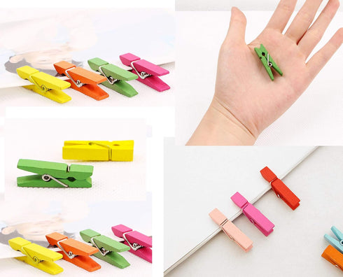 Wooden Clothes Pins, 100pcs 1.3 Inch (3.5cm) Mixed Colored Small Clips with 33 Feet Jute Twine