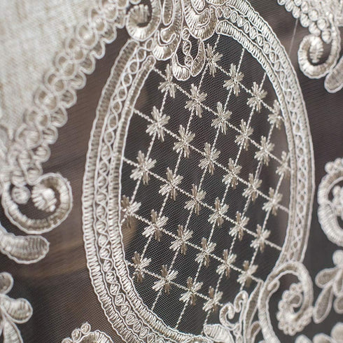 ARTABLE Gray Lace Table Runner 16 x 60 Inch Cotton Linen Fabric with Exquisite Macrame Embroidery for Dining Decor