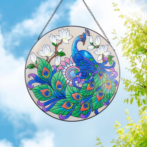 MUMTOP Stained Glass Window Hanging Suncatcher, Peacock Design Hand-Painted Glass Panel Home Decor, 12 Inch