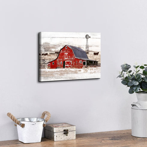 Rustic Farmhouse Canvas Print - Country Red Barn Pictures Wall Art with Windmill and Highland Cow for Kitchen Living