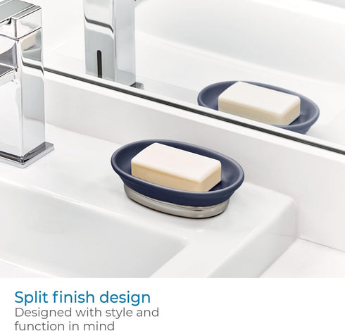 iDesign Ceramic and Steel Bar Holder, The York Collection Soap Dish, Matte Navy/Brushed Nickel