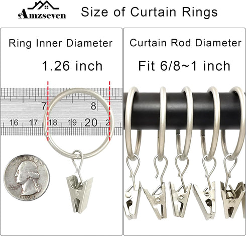 40 Pack Curtain Rings with Clips, Drapery Clips with Rings, Matte Silver, Fits up to 1 in Curtain Rod, 1.26 in Diameter