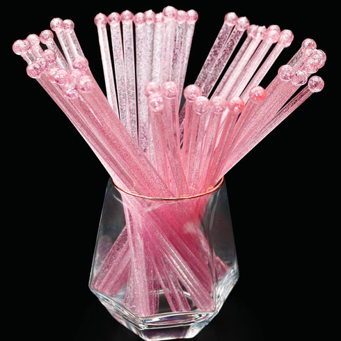100-PCS Pink Glitter Plastic Swizzle Sticks, Cocktail Coffee Drink Stirrers for Valentines Day Christmas Party, 7.24