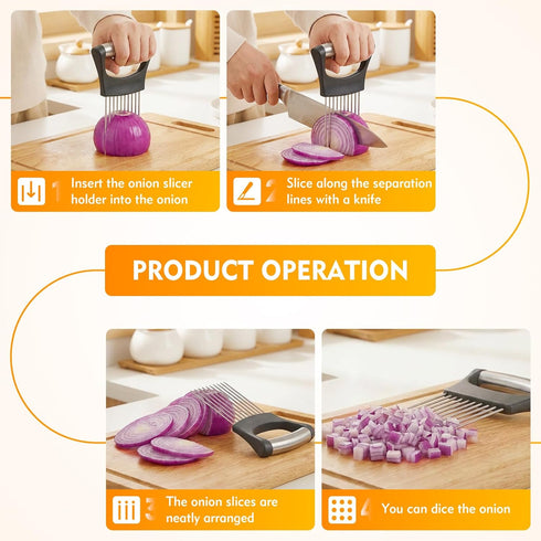 MbsaAO Onion Holder for Slicing, Stainless Steel Onions Slicer with Protective Cover, Vegetable Chopper Onion Slicer