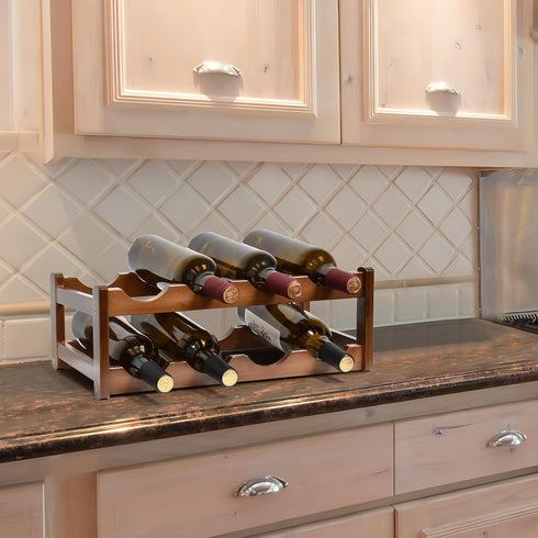 Bamboo Wine Rack, 2-Tier Free Standing Holder for 8 Bottles, Countertop Storage Shelf for Kitchen and Dining Room